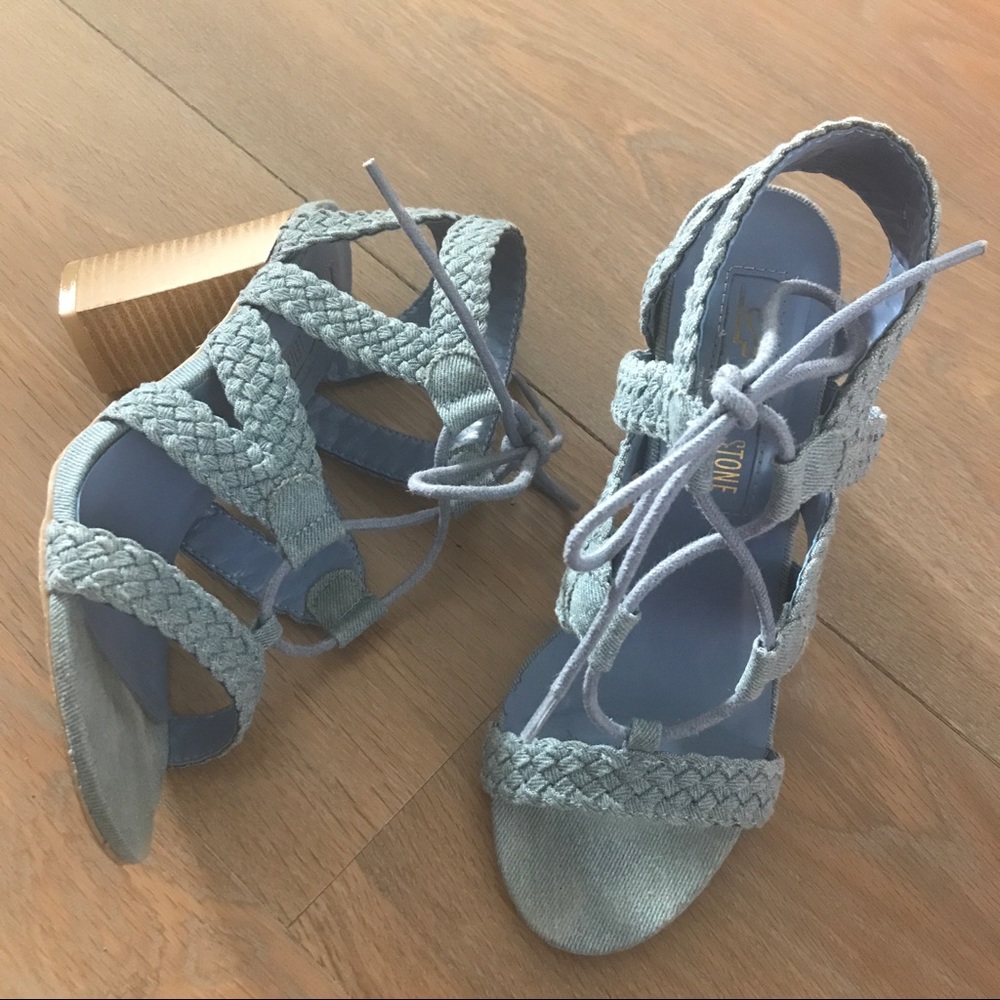 Leila Stone Blue Denim Lace Up Sandals Heels